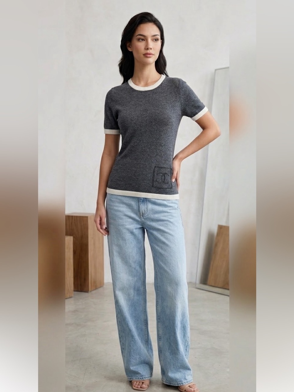 Vintage CHANEL Sports 2008 Wool Knit Top Gray & Ivory Made in Italy Size 40 - Picture 11 of 12